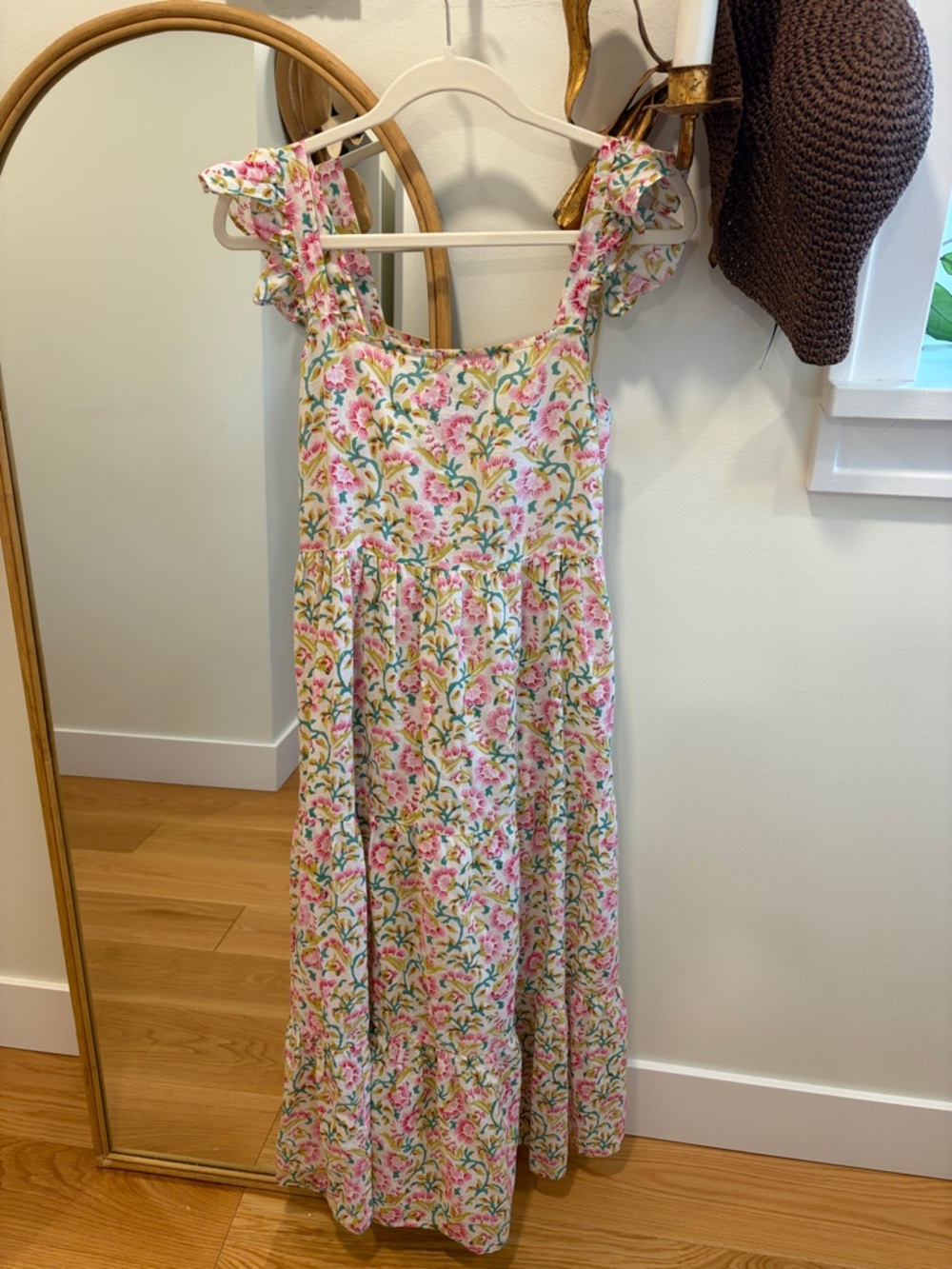 Floral Pink Ruffle-Shoulder Kids Dress